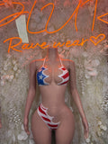 American flag bikini swimsuit with triangle top and matching high-leg bottoms, front view