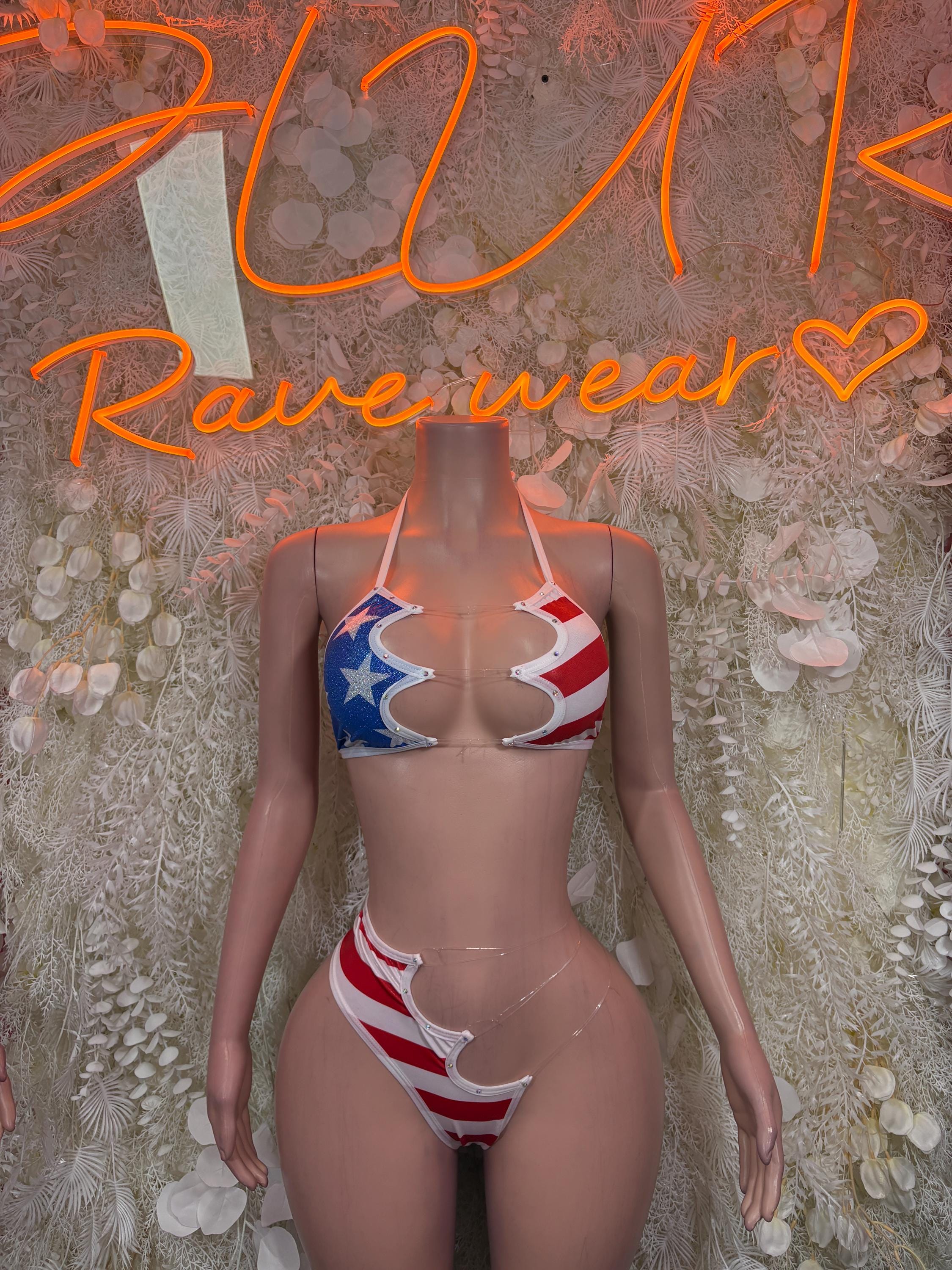 American flag bikini swimsuit with triangle top and matching high-leg bottoms, front view