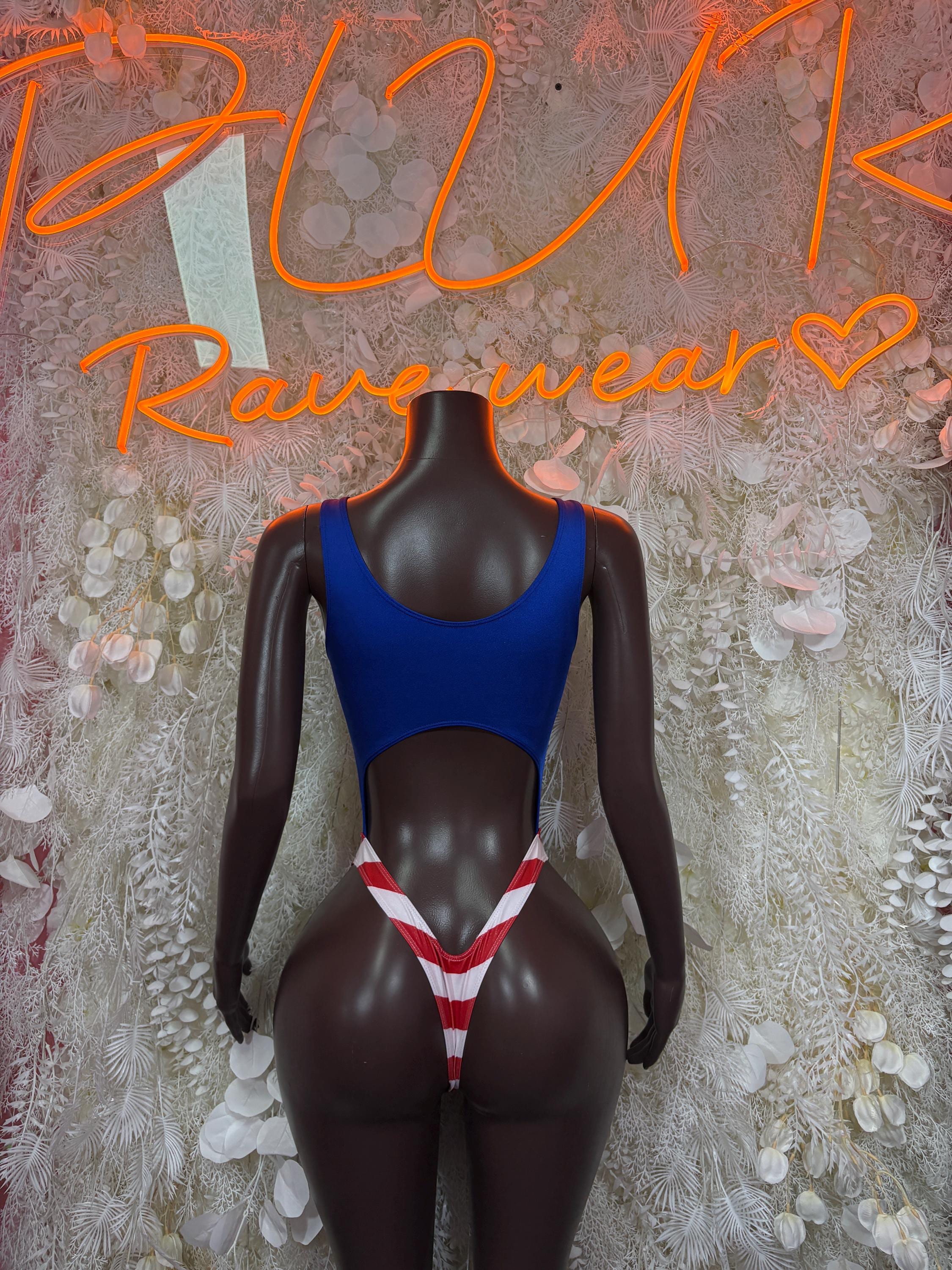 USA flag bodysuit with blue star top and red-and-white striped bottom; sleeveless