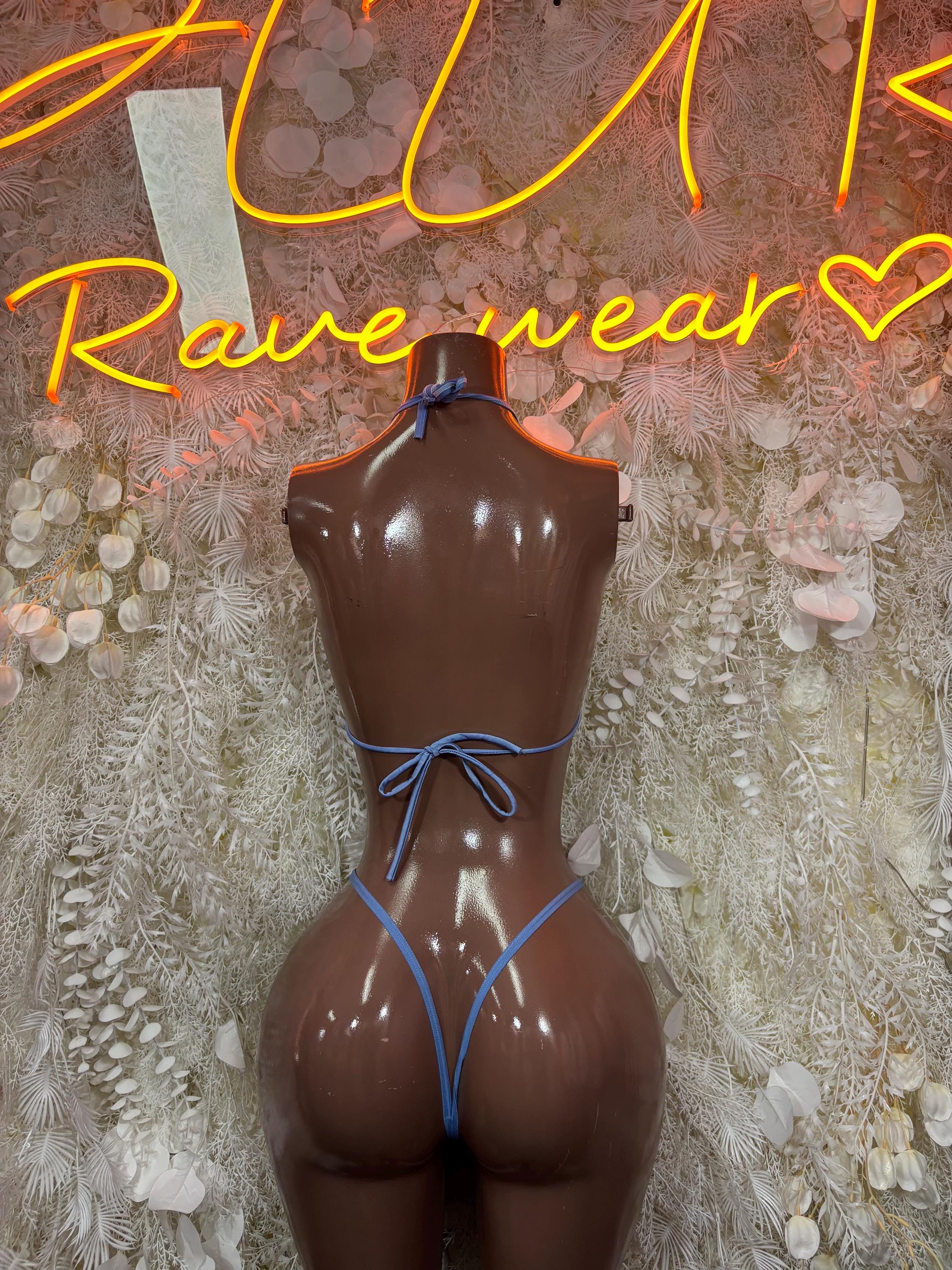 Blue bikini set with halter strings and open-back cheeky bottom