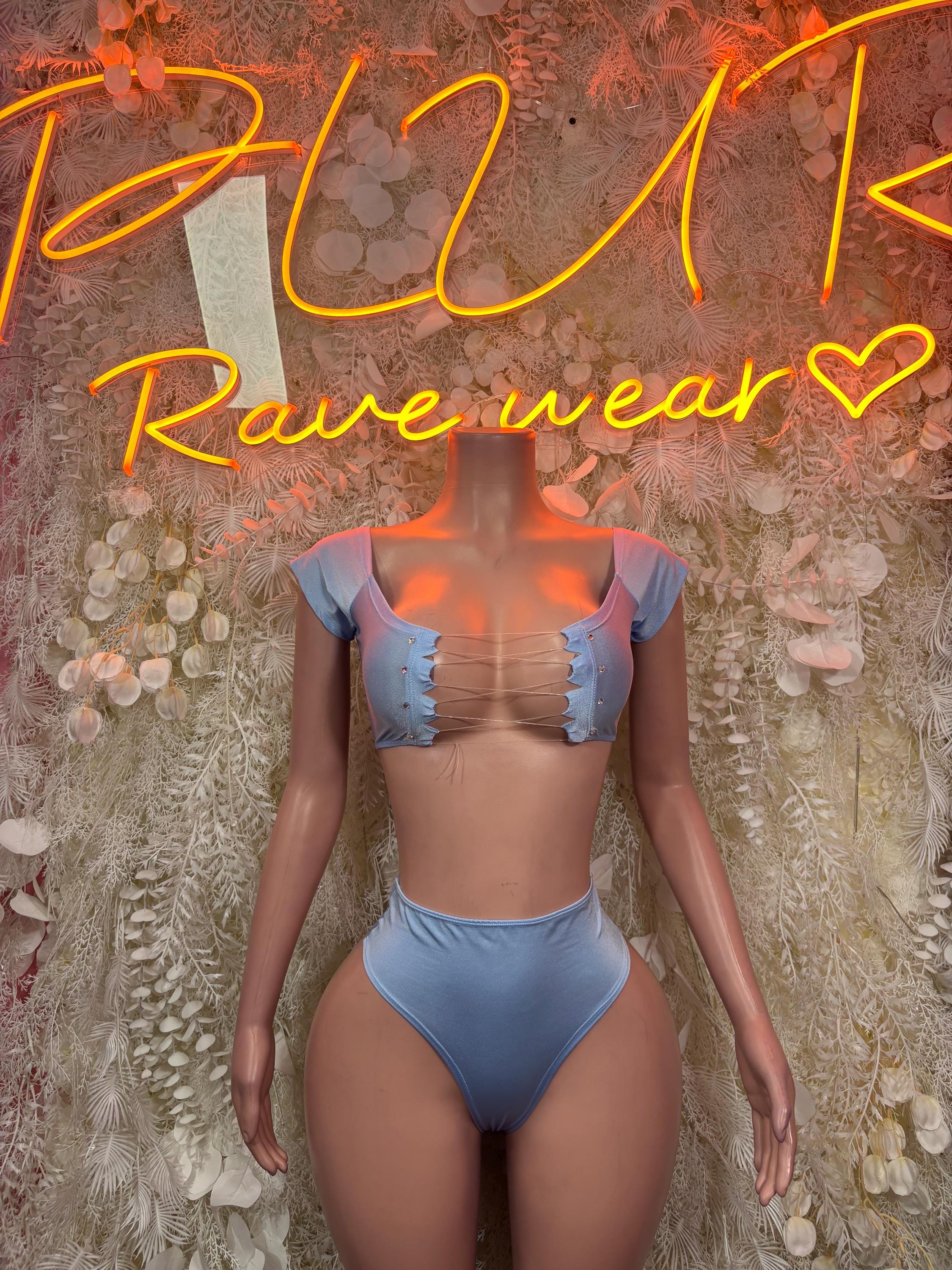 Light blue two-piece rave outfit with ruched crop top and high-cut bottoms