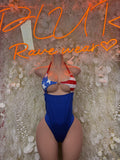 Blue patriotic one-piece bodysuit with star-and-stripe halter bust panel