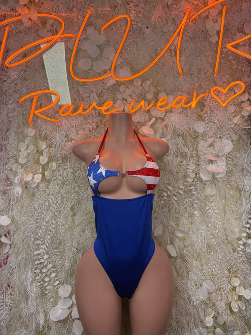 Blue patriotic one-piece bodysuit with star-and-stripe halter bust panel