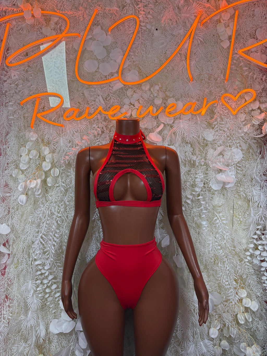 Red two-piece rave outfit: mesh halter crop top with cutout and high-waist briefs