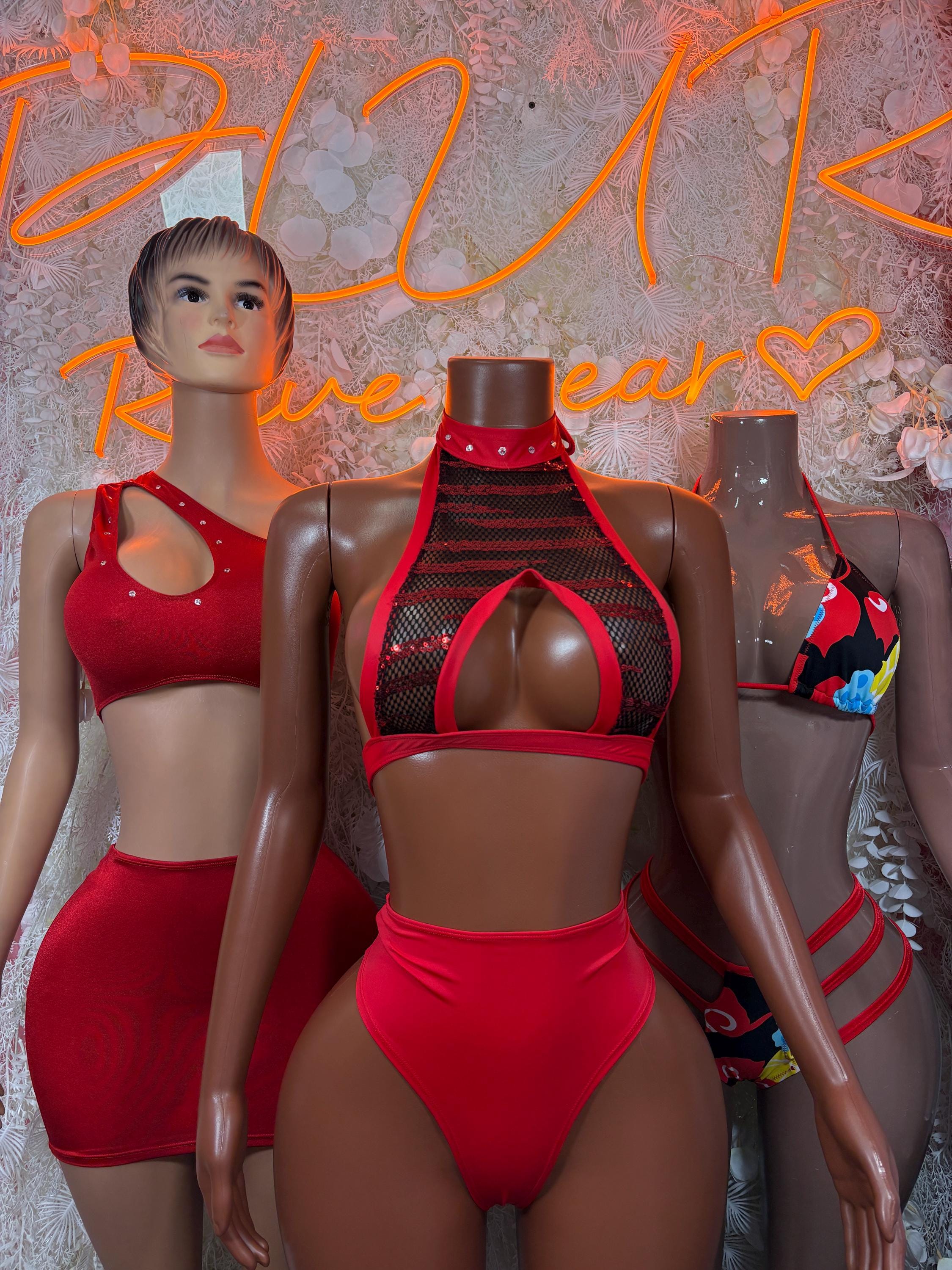 Rave two-piece set in red: mesh halter bra and matching high-cut bottoms, striped details