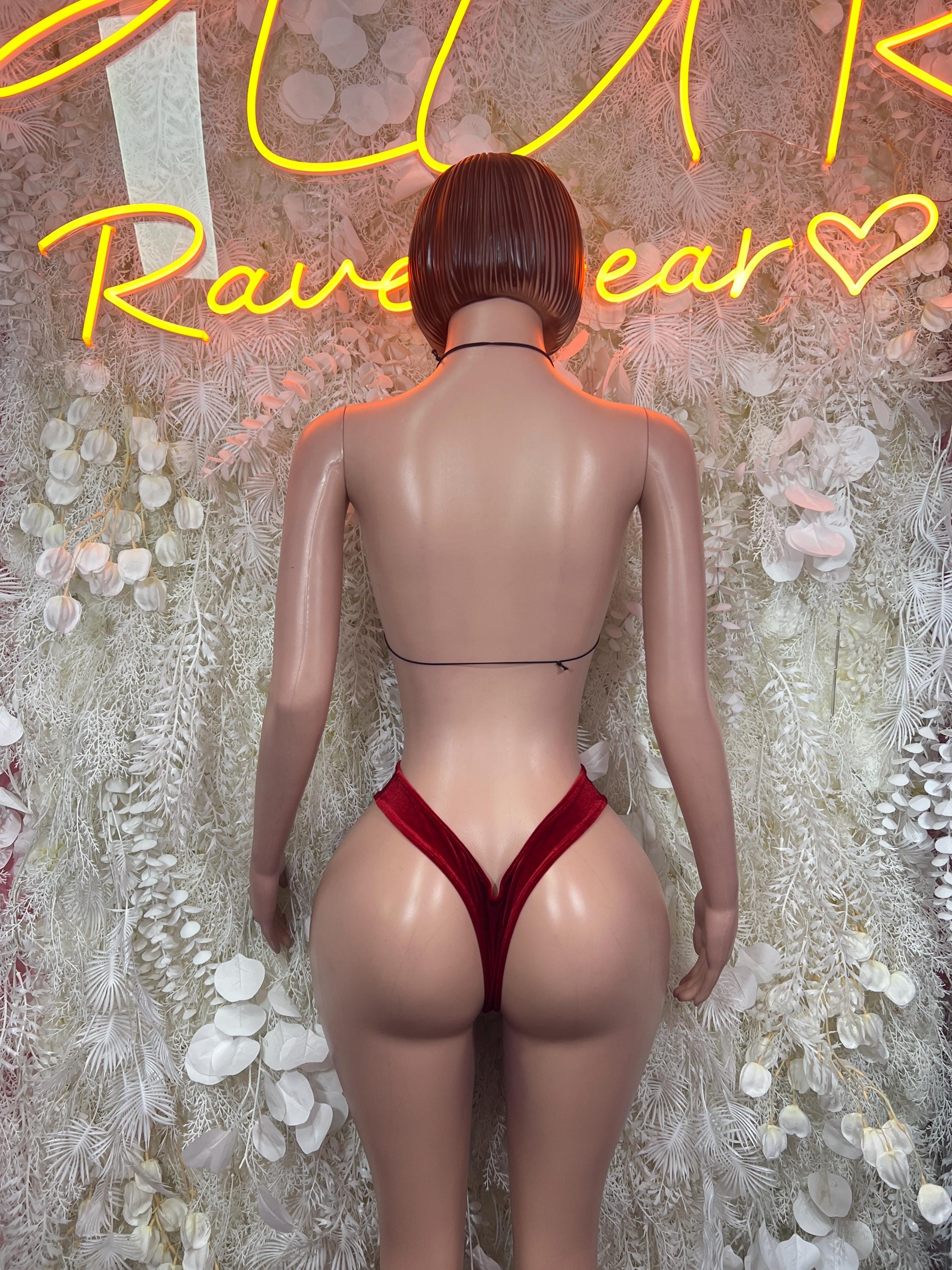 Velvet red two-piece bikini set, back view with V-back straps and high-cut bottoms