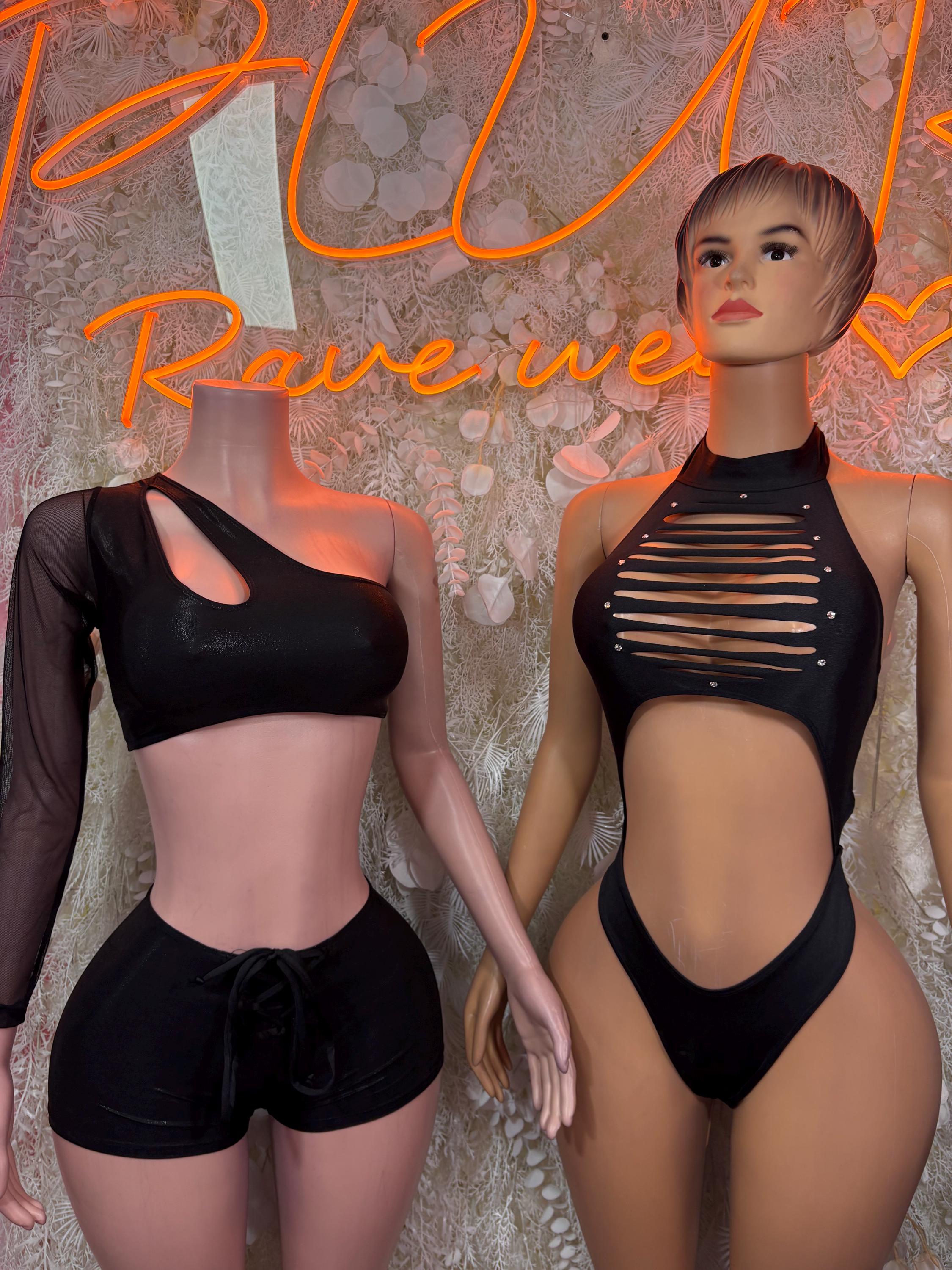 Black high-cut halter bodysuit with striped chest cutouts