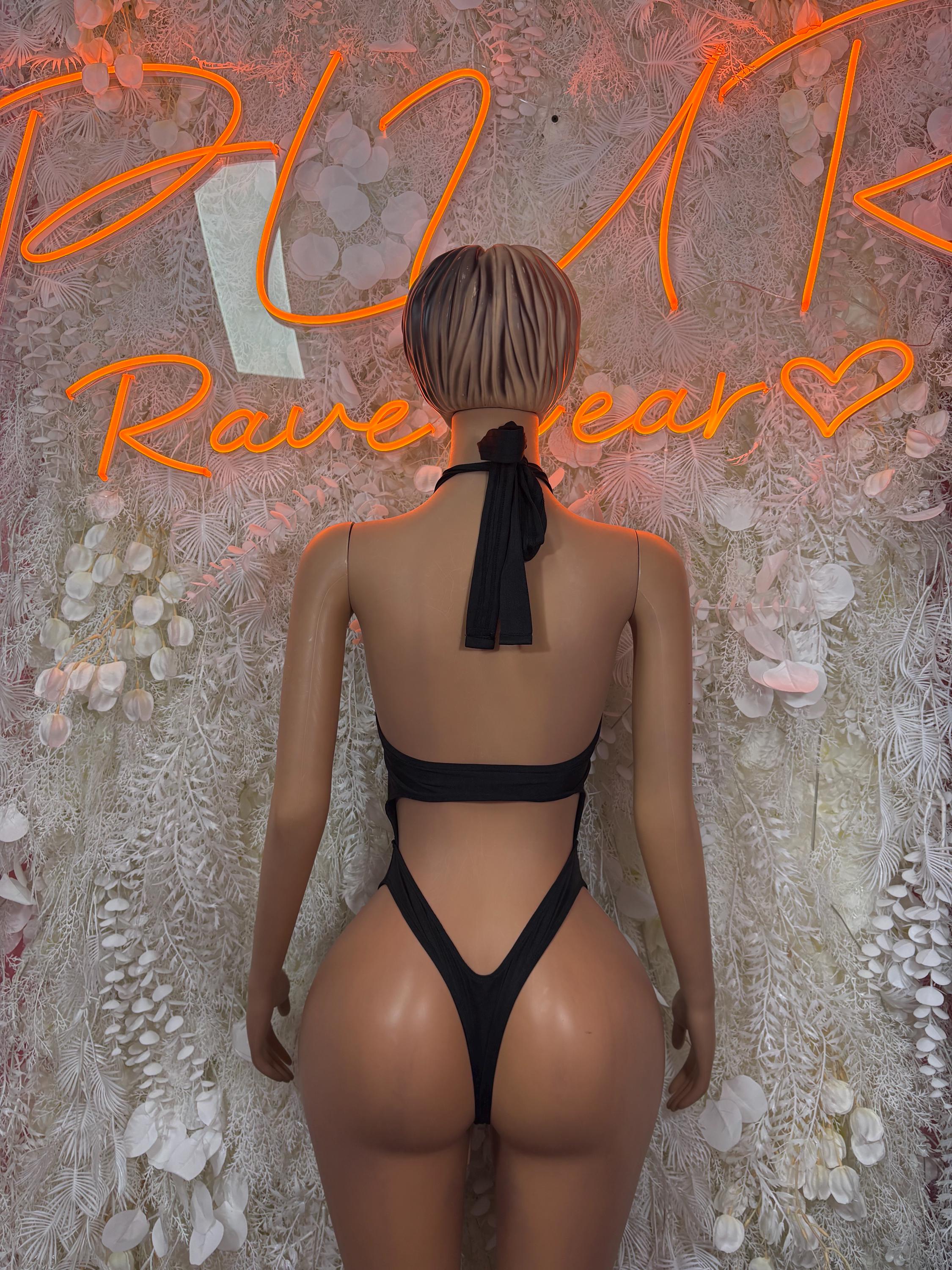 Black halter bodysuit with open back and tie detail