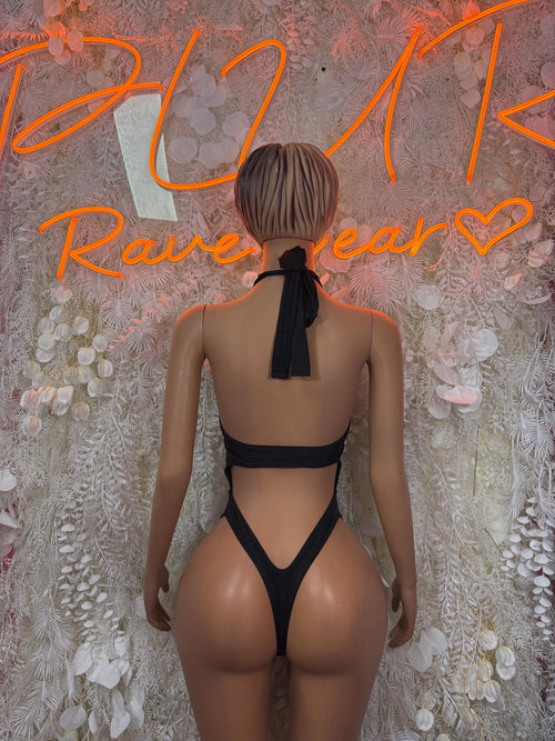 Black halter bodysuit with open back and tie detail