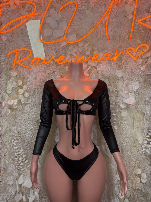 Black long-sleeve crop top and high-cut bikini bottoms set, tie-front detail.