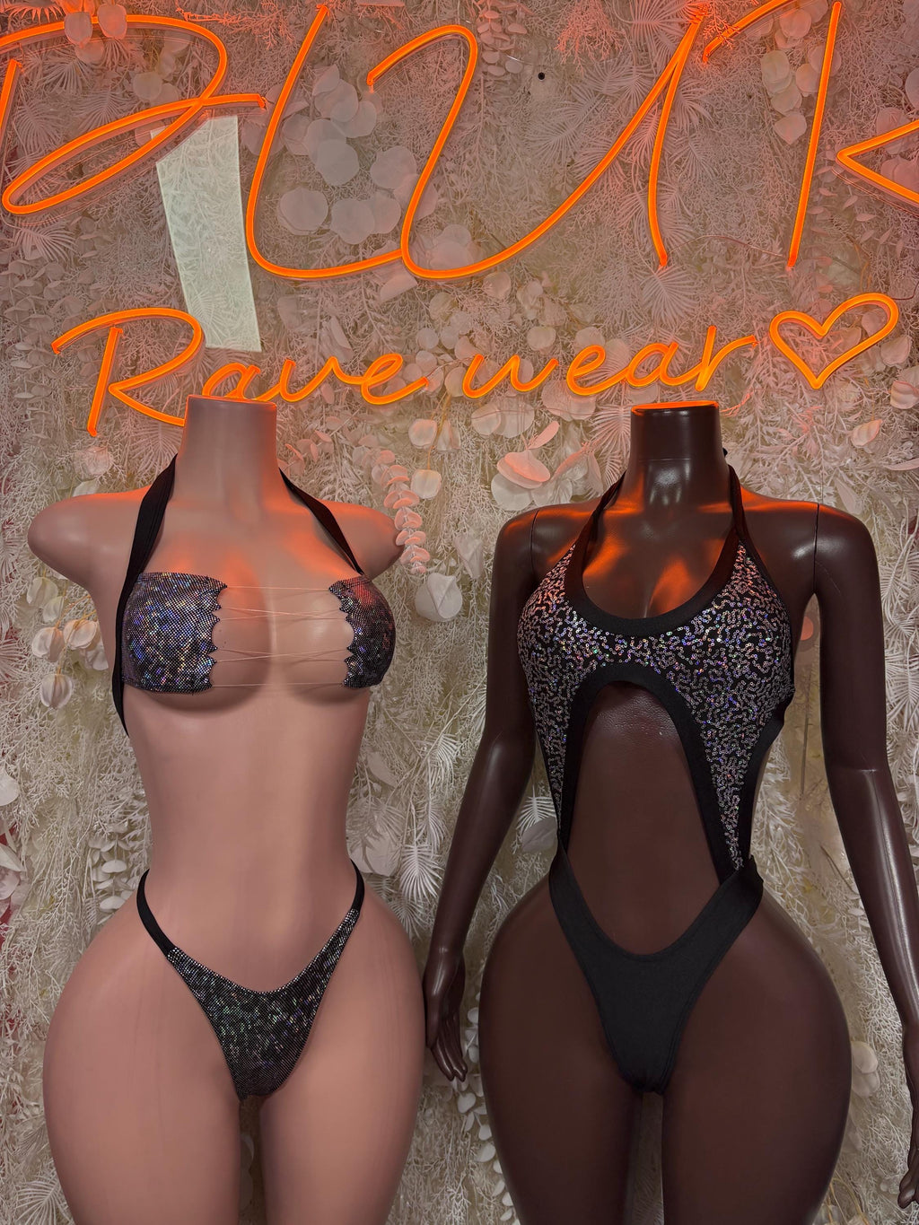 Metallic two-piece rave set with glitter bra tops and thong bottoms, two model views