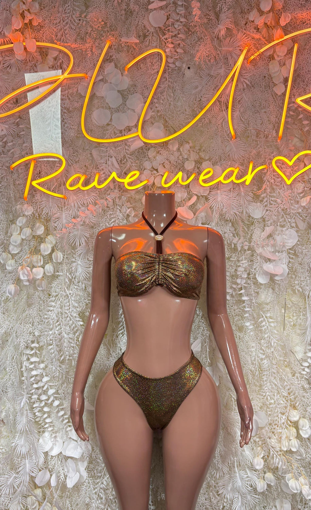 Gold metallic two-piece rave set with bandeau bra and high-cut briefs