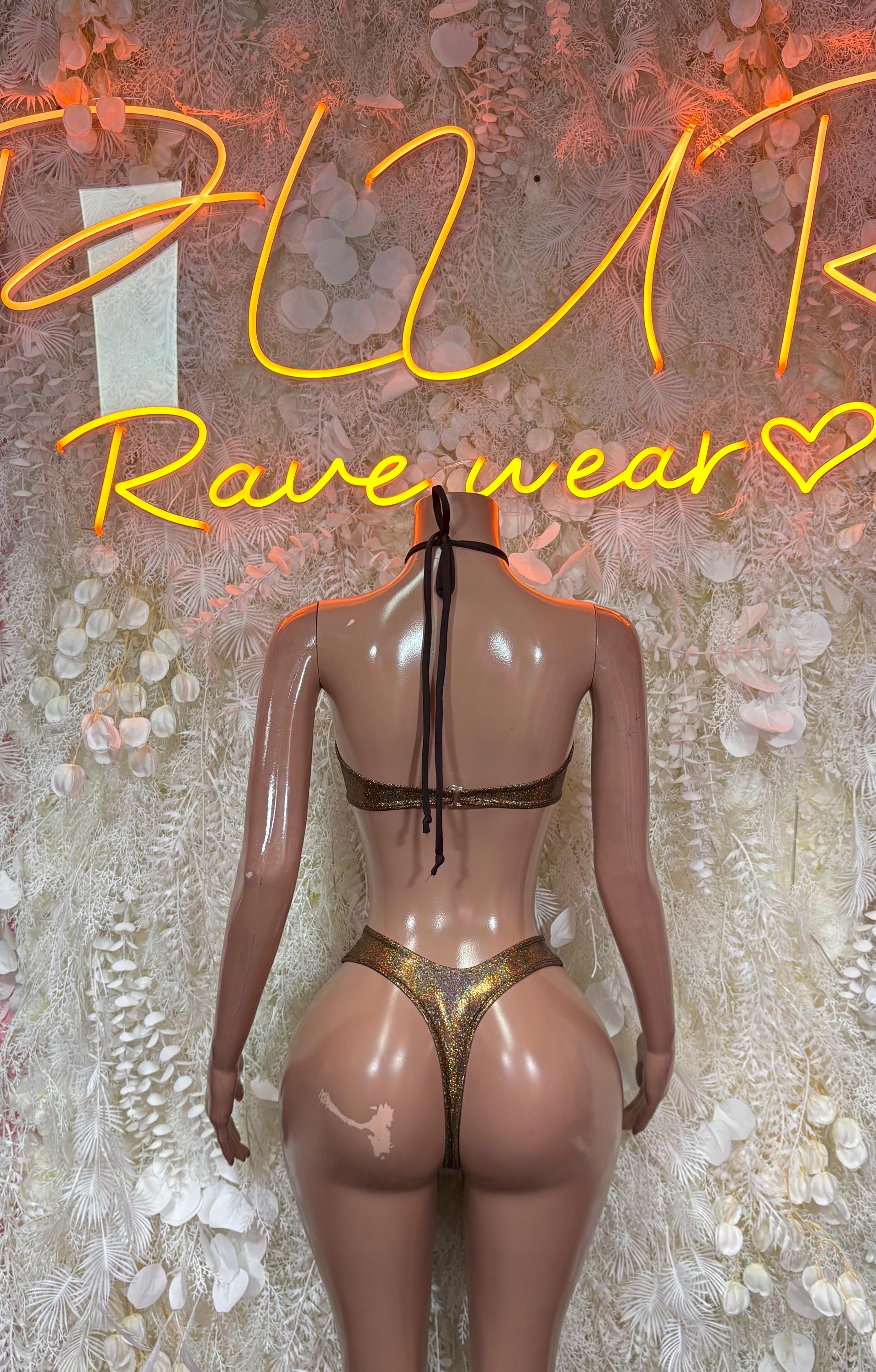 Gold metallic two-piece rave set with strappy back bandeau bra and high-cut briefs