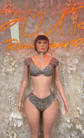 Leopard print two-piece choker bodysuit, front view, underbust cutout, high-leg bottoms