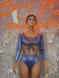 Blue metallic two-piece bodysuit, long sleeves, crisscross front with tie