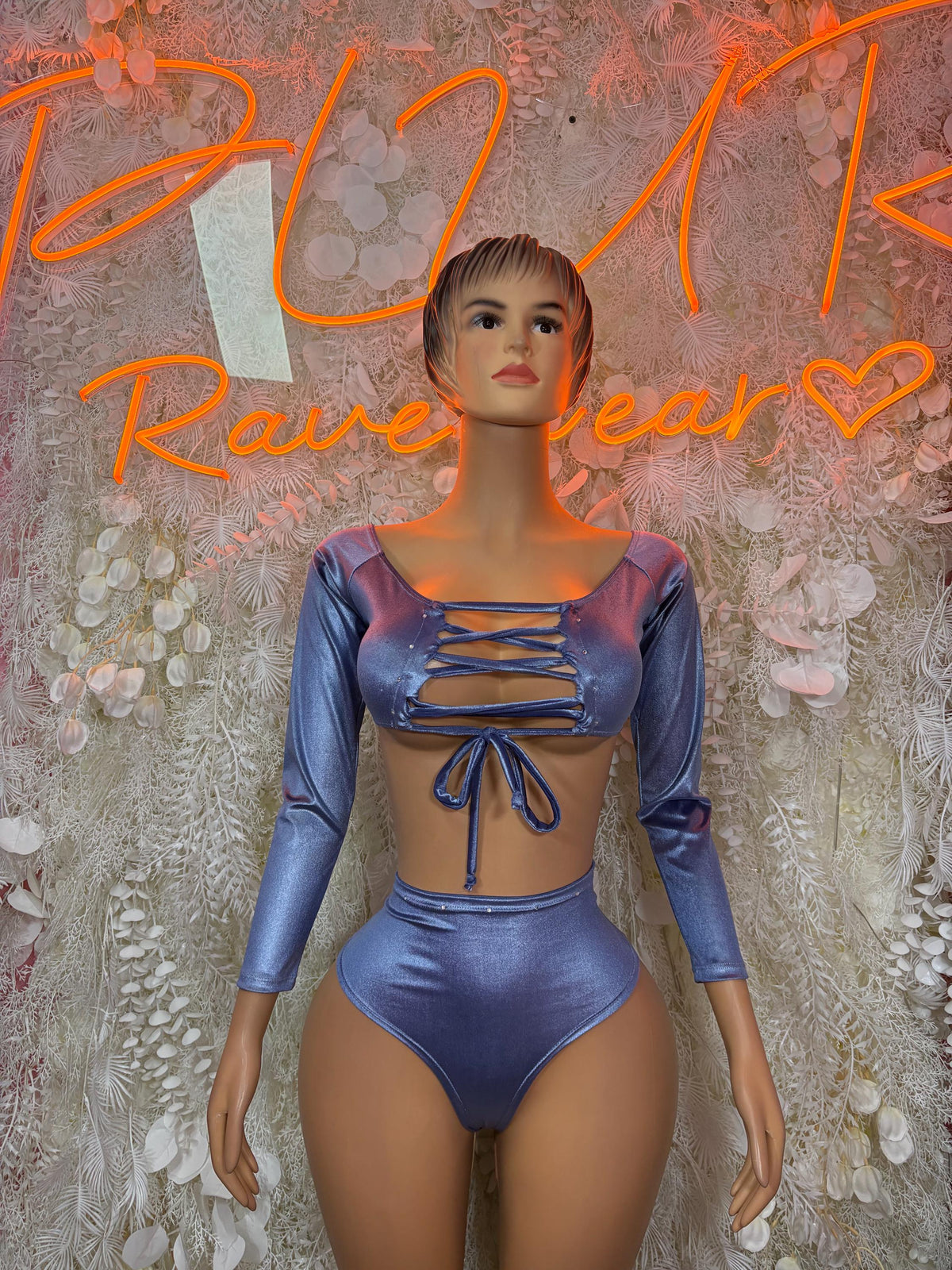Blue metallic two-piece bodysuit, long sleeves, crisscross front with tie