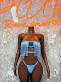 Blue fringe bandeau and matching bikini bottom costume for rave festival wear