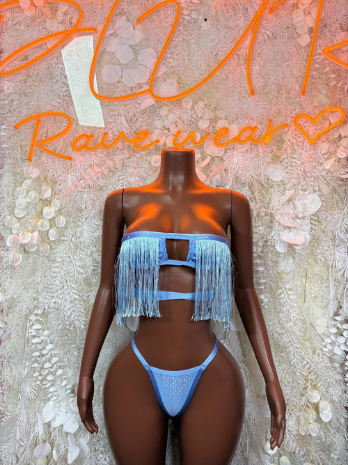Blue fringe bandeau and matching bikini bottom costume for rave festival wear