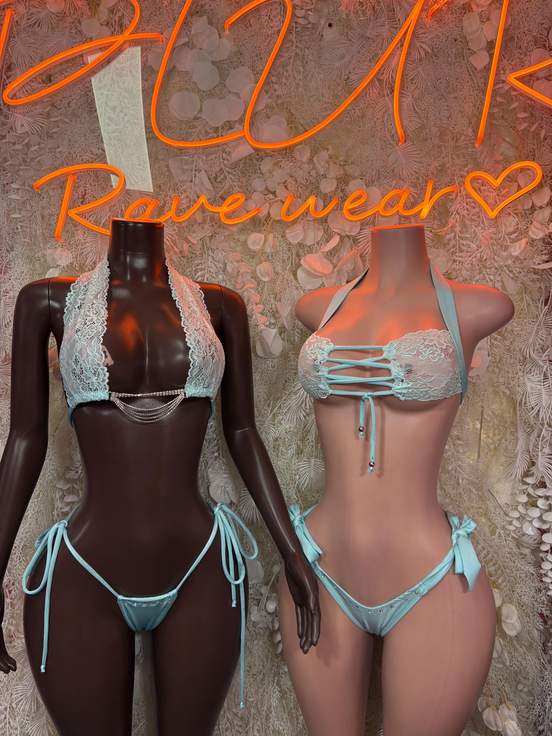 Light blue lace bikini set shown from front and side, with tie straps and scalloped trim
