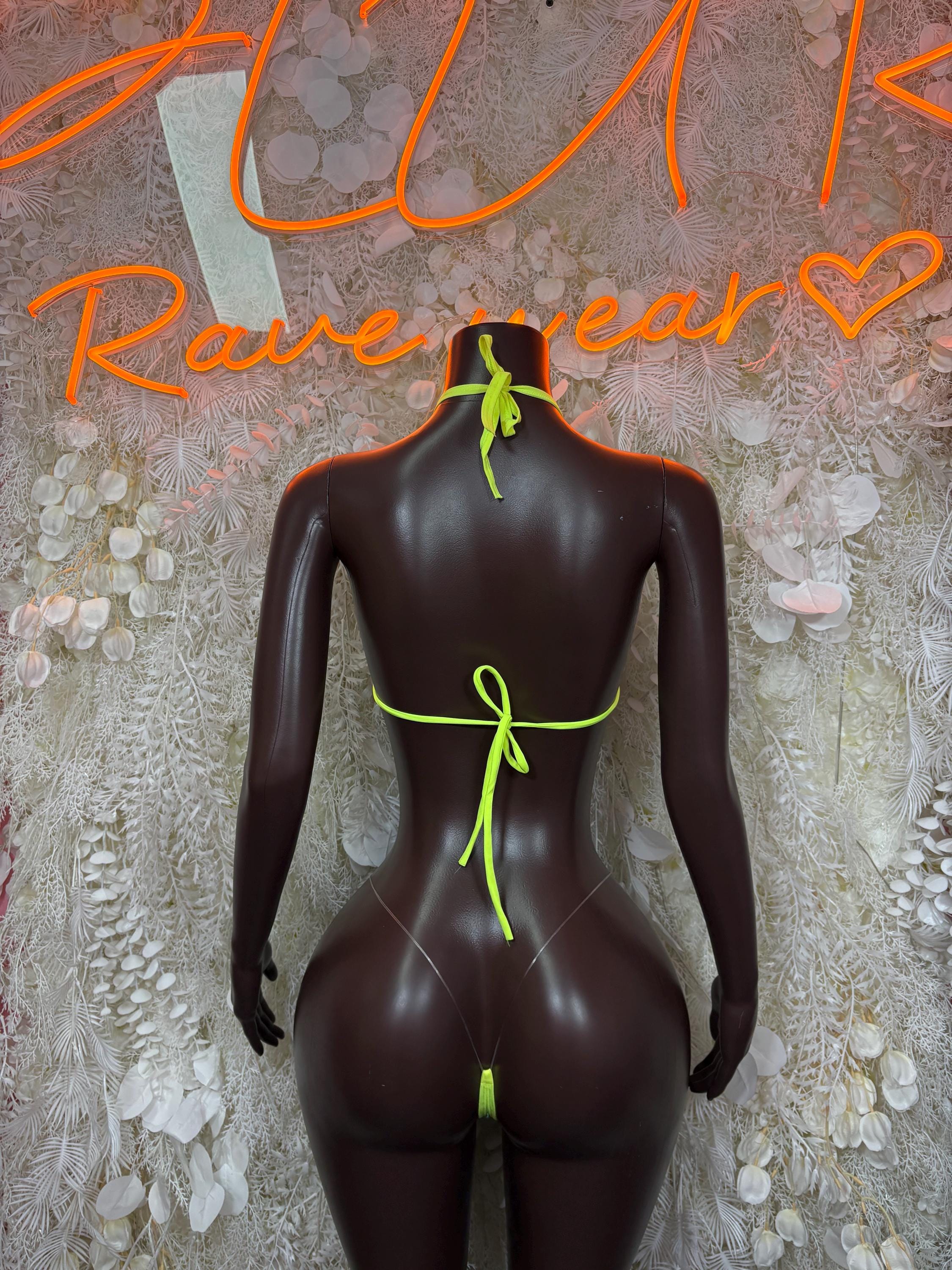 Neon green bikini backless set with tie-neck strings and matching side ties.