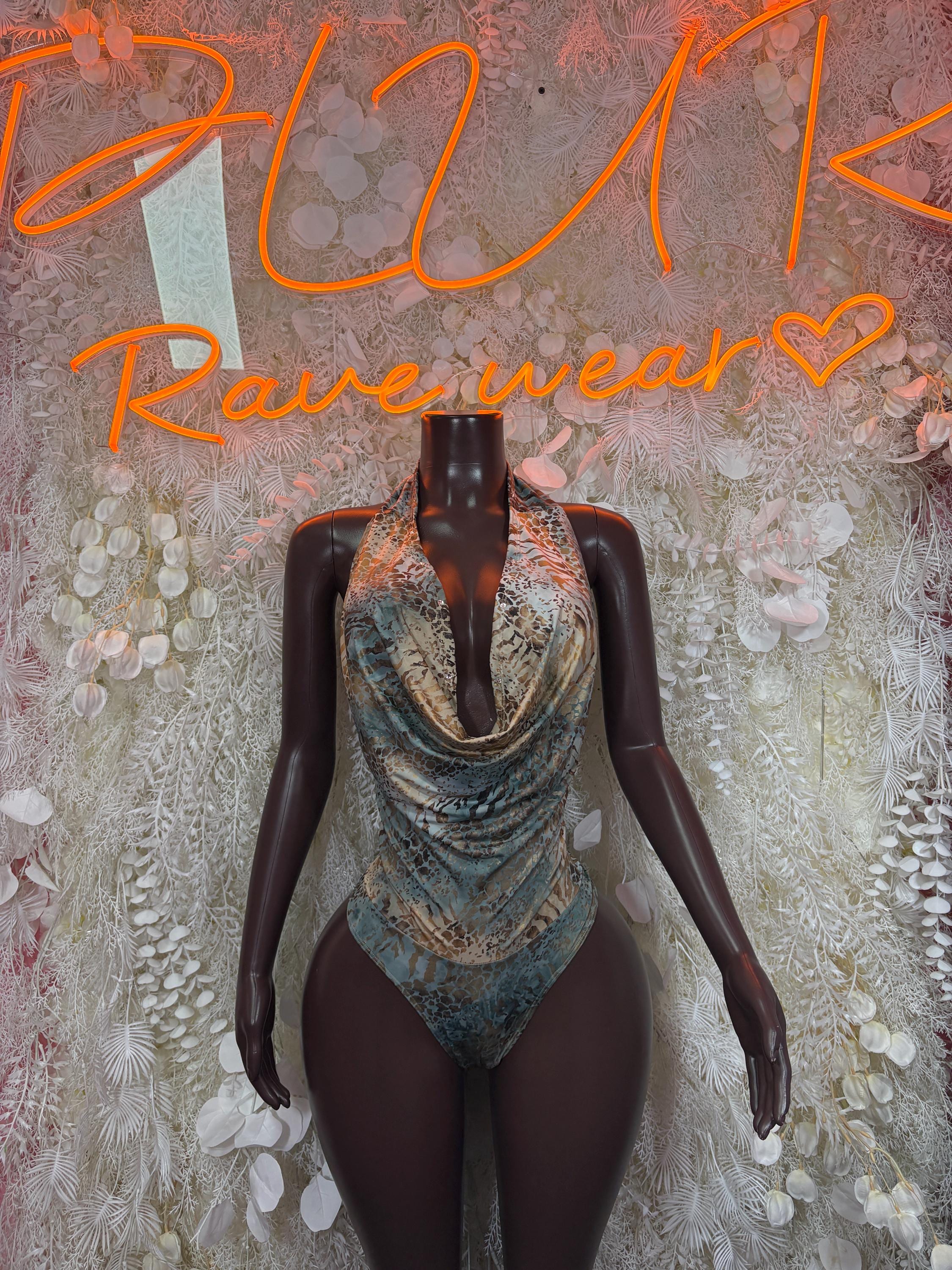 Patterned multicolor dance bodysuit with cowl neckline and halter drape