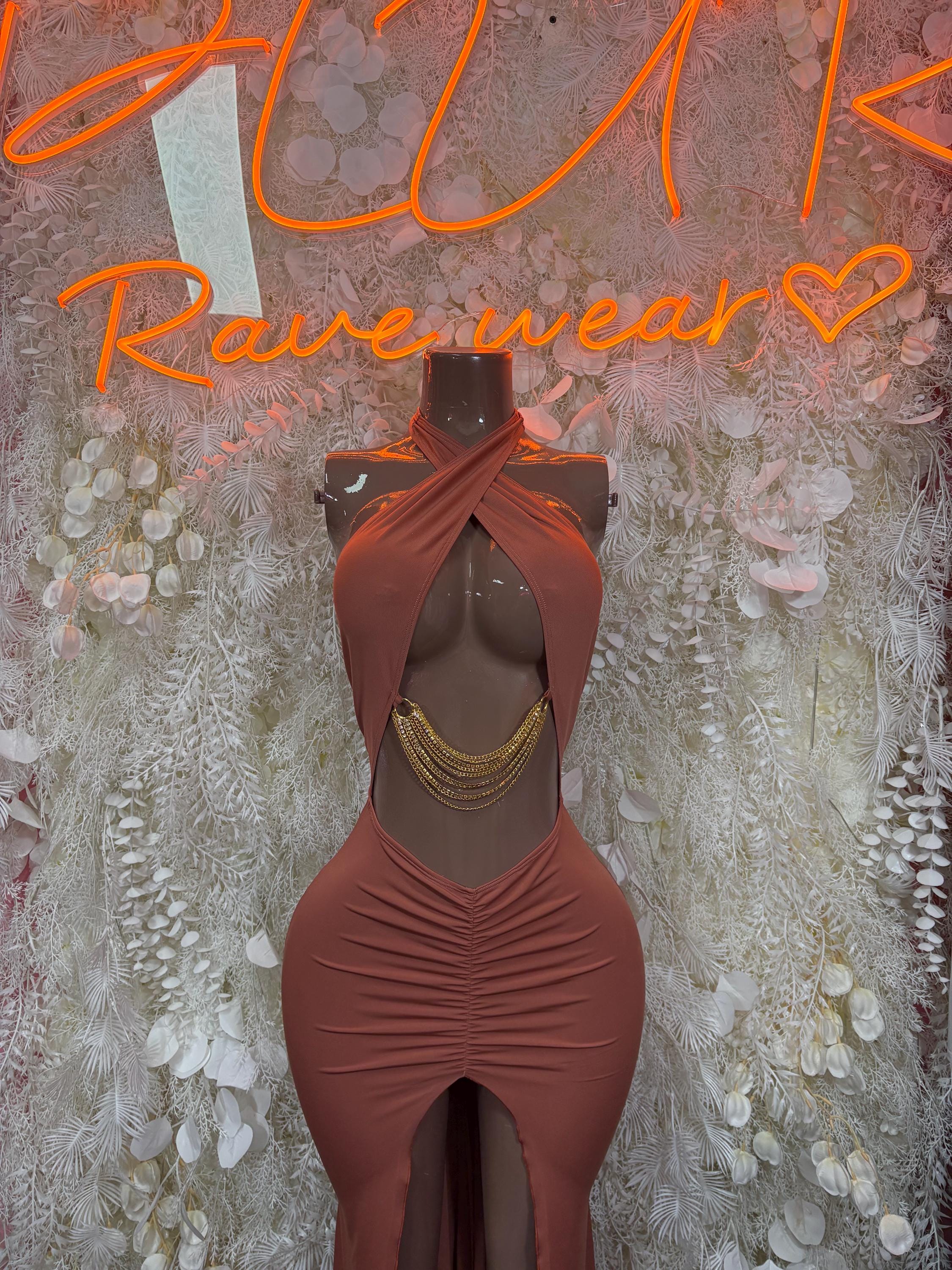 Brown halter dance dress with draped neckline, ruched body, thigh-high slit