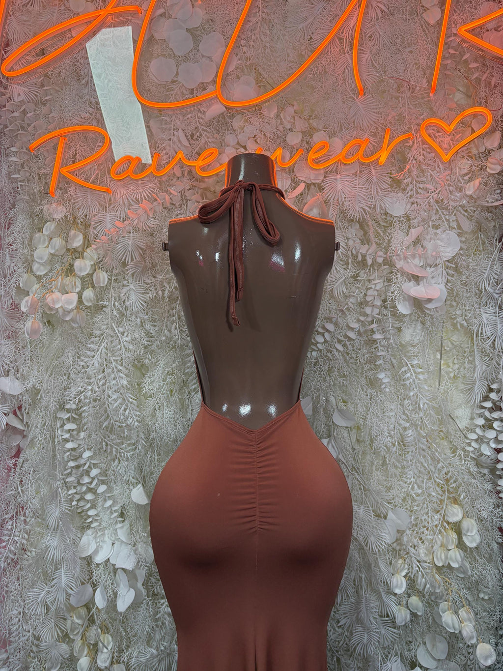 Brown ruched halter dance dress with back neck ties and deep thigh slit