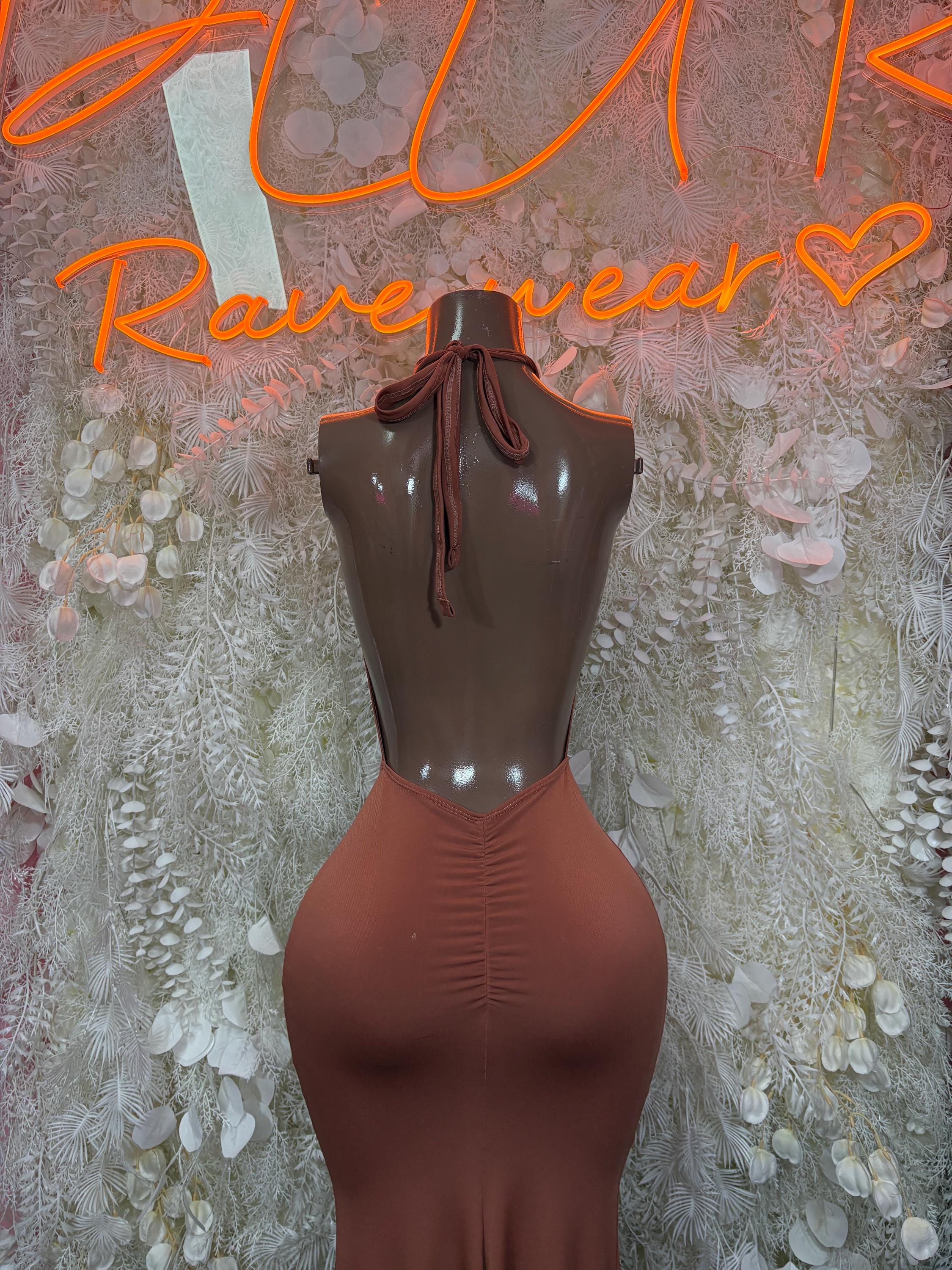 Brown ruched halter dance dress with back neck ties and deep thigh slit