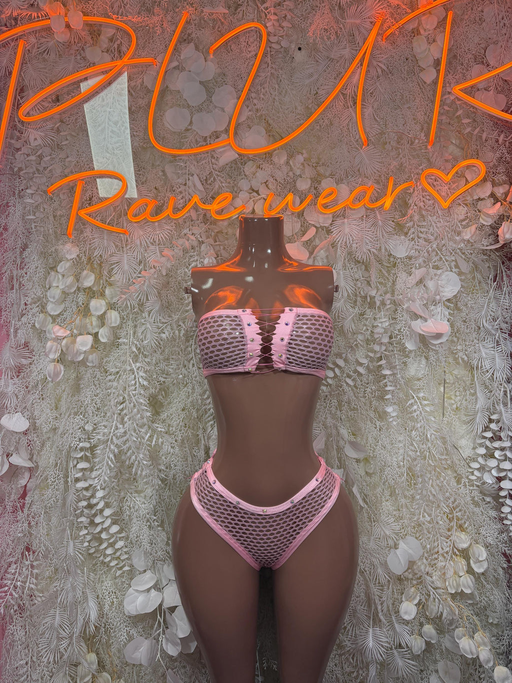 Pink mesh two-piece dancewear set with bralette top and high-cut bottoms
