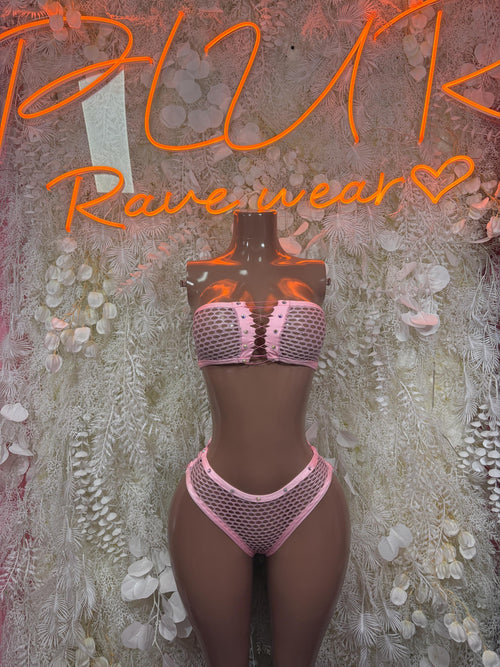 Pink mesh two-piece dancewear set with bralette top and high-cut bottoms