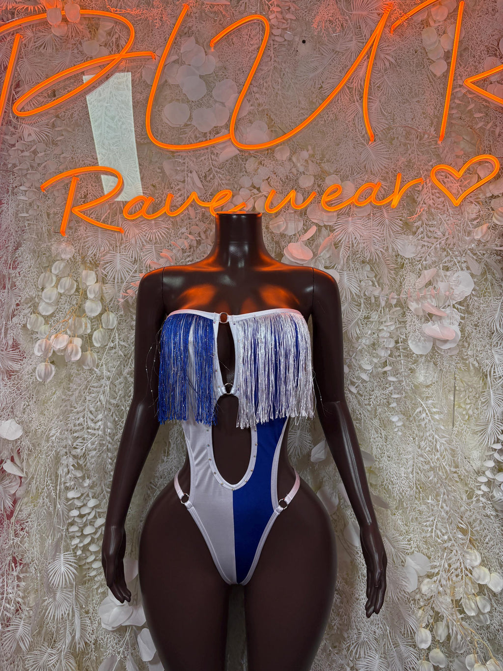 Women’s one-piece swimsuit bodysuit in white and blue with tassel fringe at bust