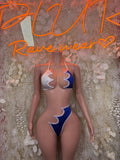 Two-piece bikini with white-and-blue scalloped panels and tie-back string top, front view