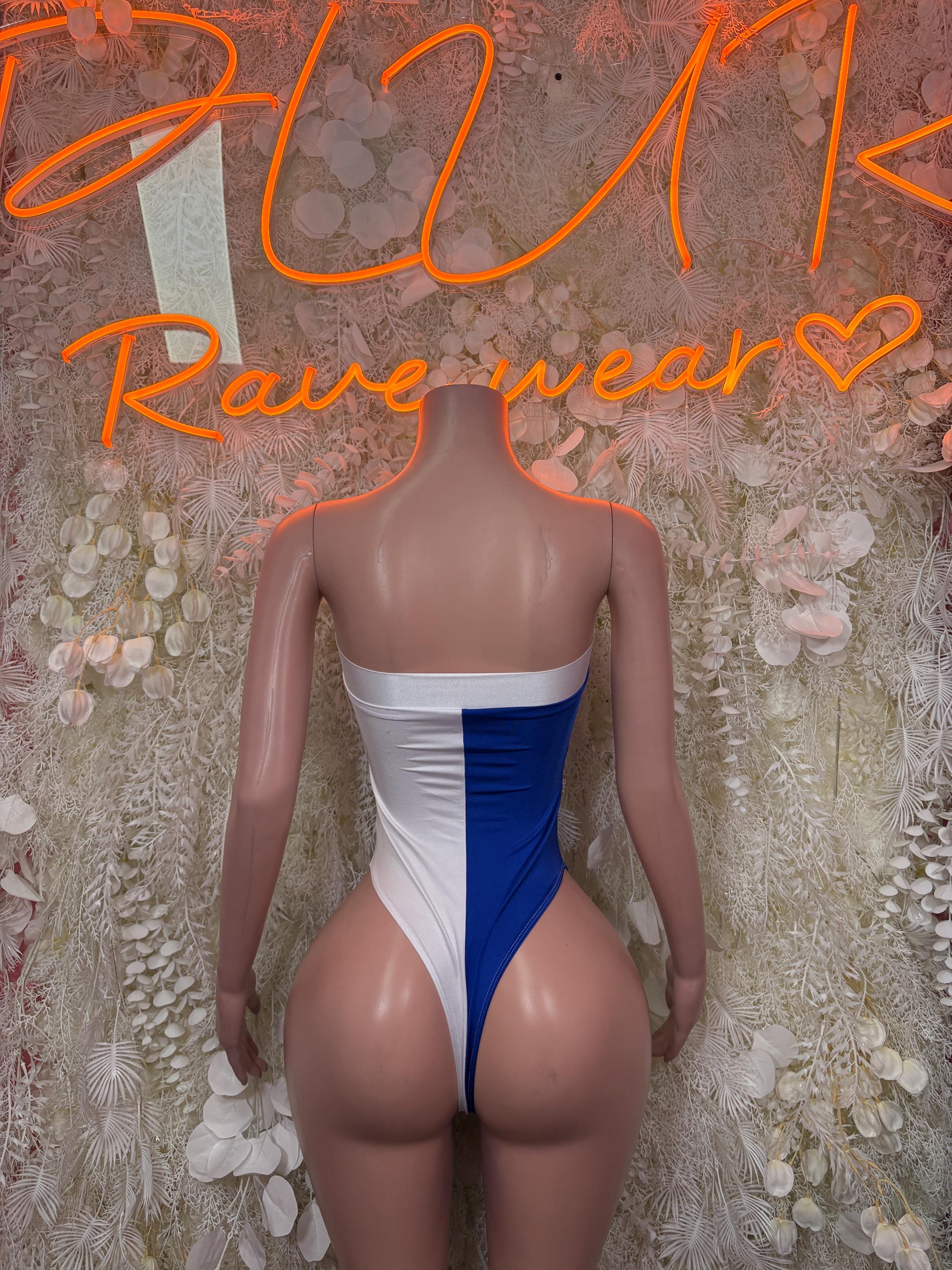 Women’s one-piece swimsuit bodysuit in blue and white with lace-up back and high-cut