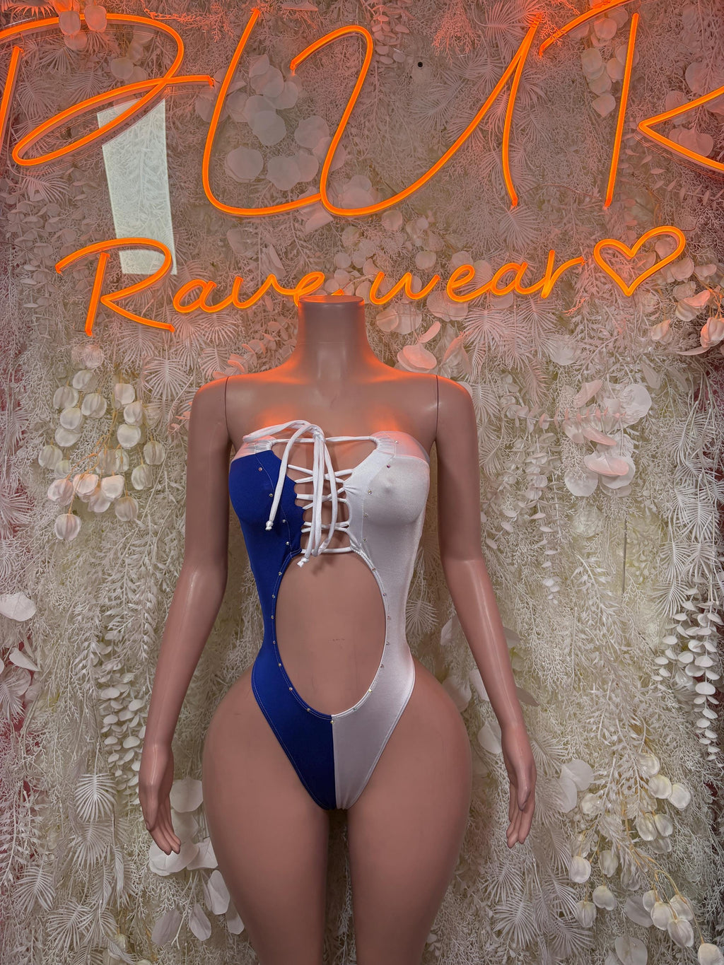 Women’s one-piece swimsuit bodysuit in blue and white with lace-up front and cutout