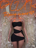 Women’s black cutout mini dress with strapless bandeau top and tie detail