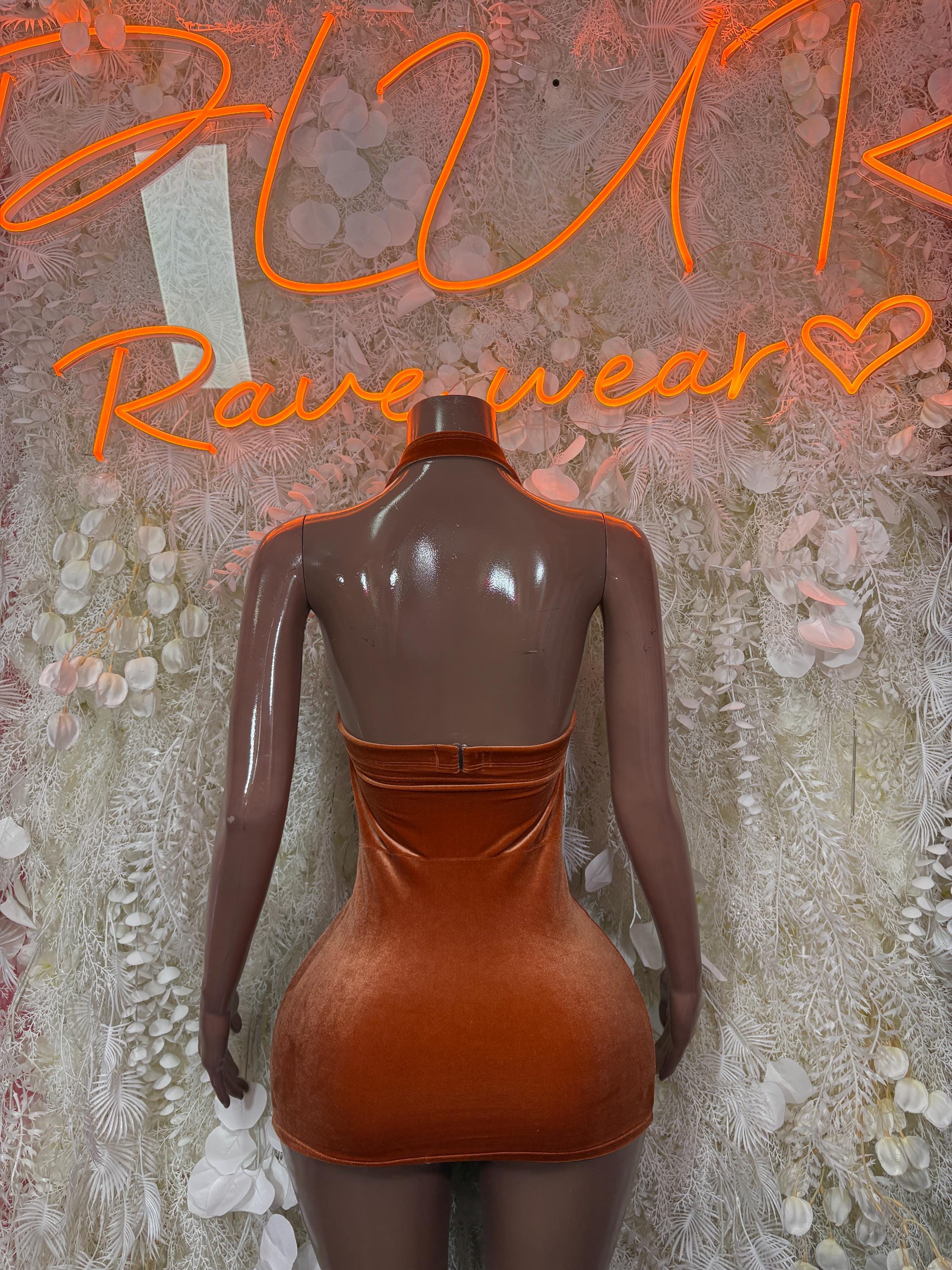 Rust-orange velvet halter mini dress, low back with ruched waistband detail