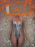 Silver cheetah-print lace-up bodysuit with thin straps and thong cut