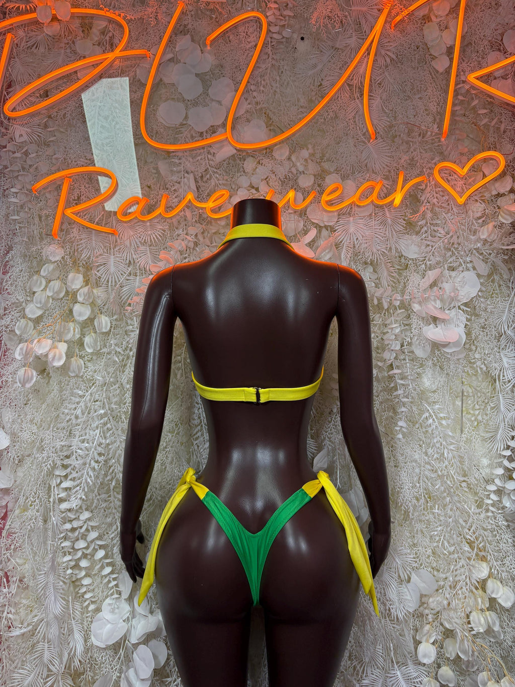 Brazilian flag rave bikini back: neon green thong with yellow trim and side ties