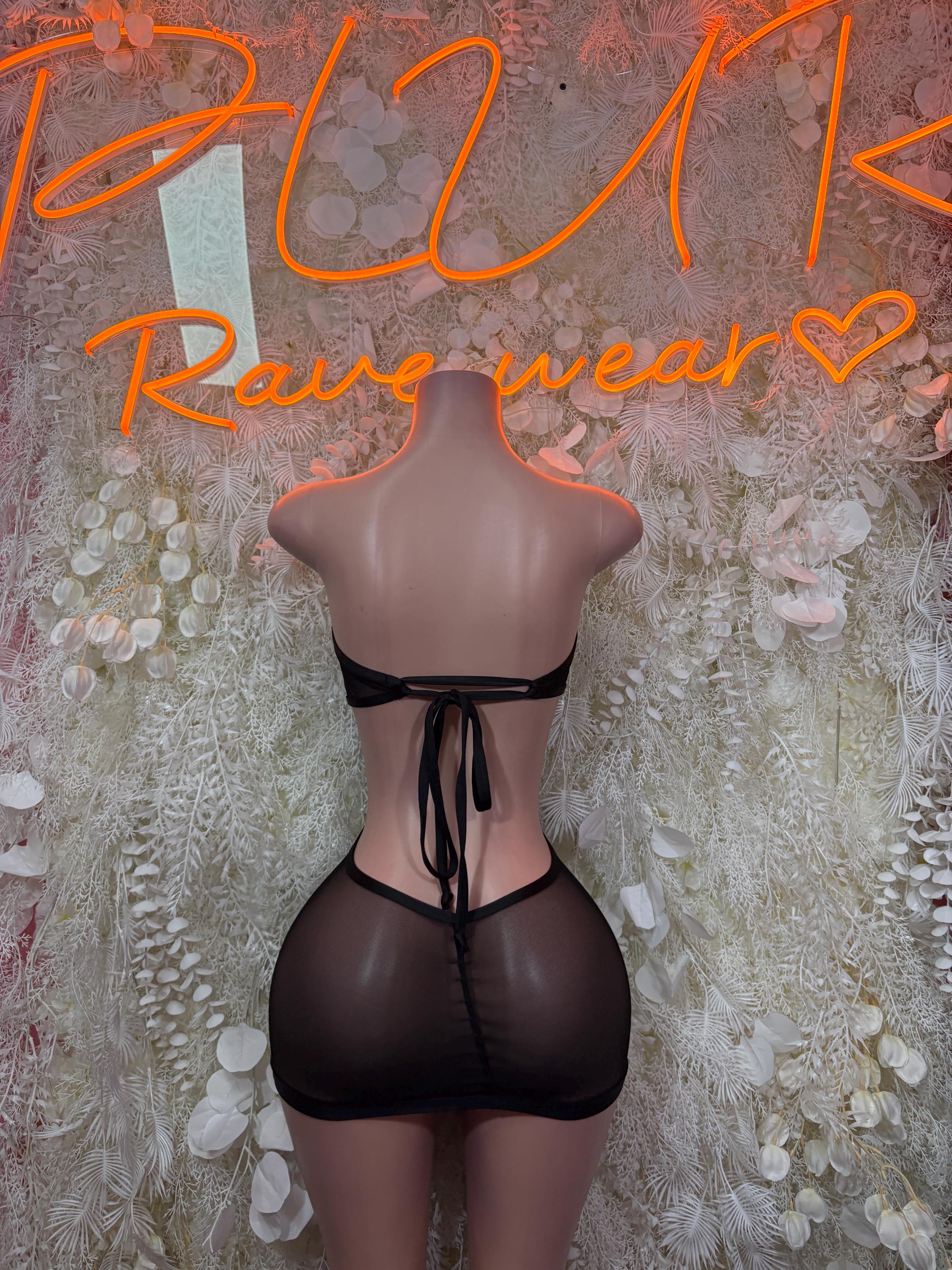 Black open-back lingerie mini dress with tie straps at lower back
