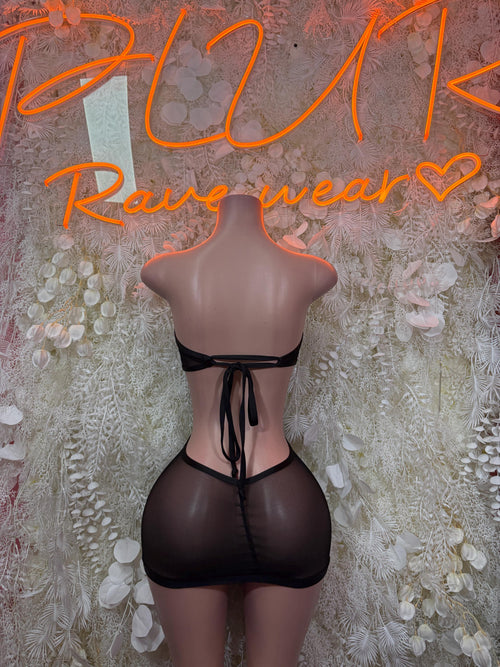 Black open-back lingerie mini dress with tie straps at lower back