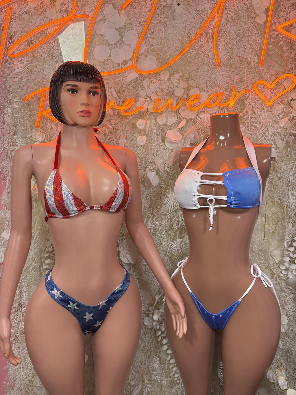 Two-piece bikini set: front striped triangle top with star bottoms and back view with ties