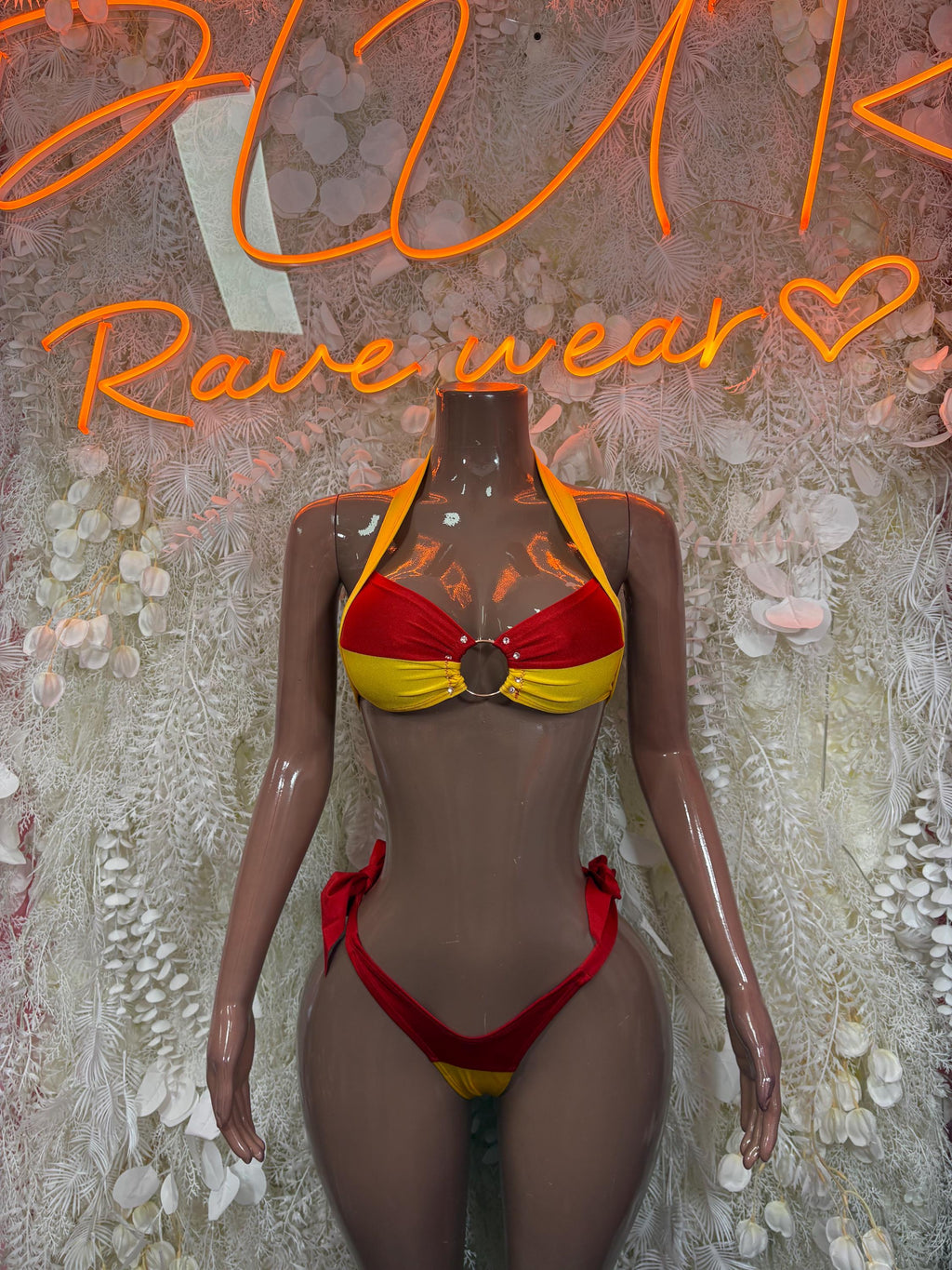 Halter bikini set with triangle top, center knot, red and yellow bottoms with side ties