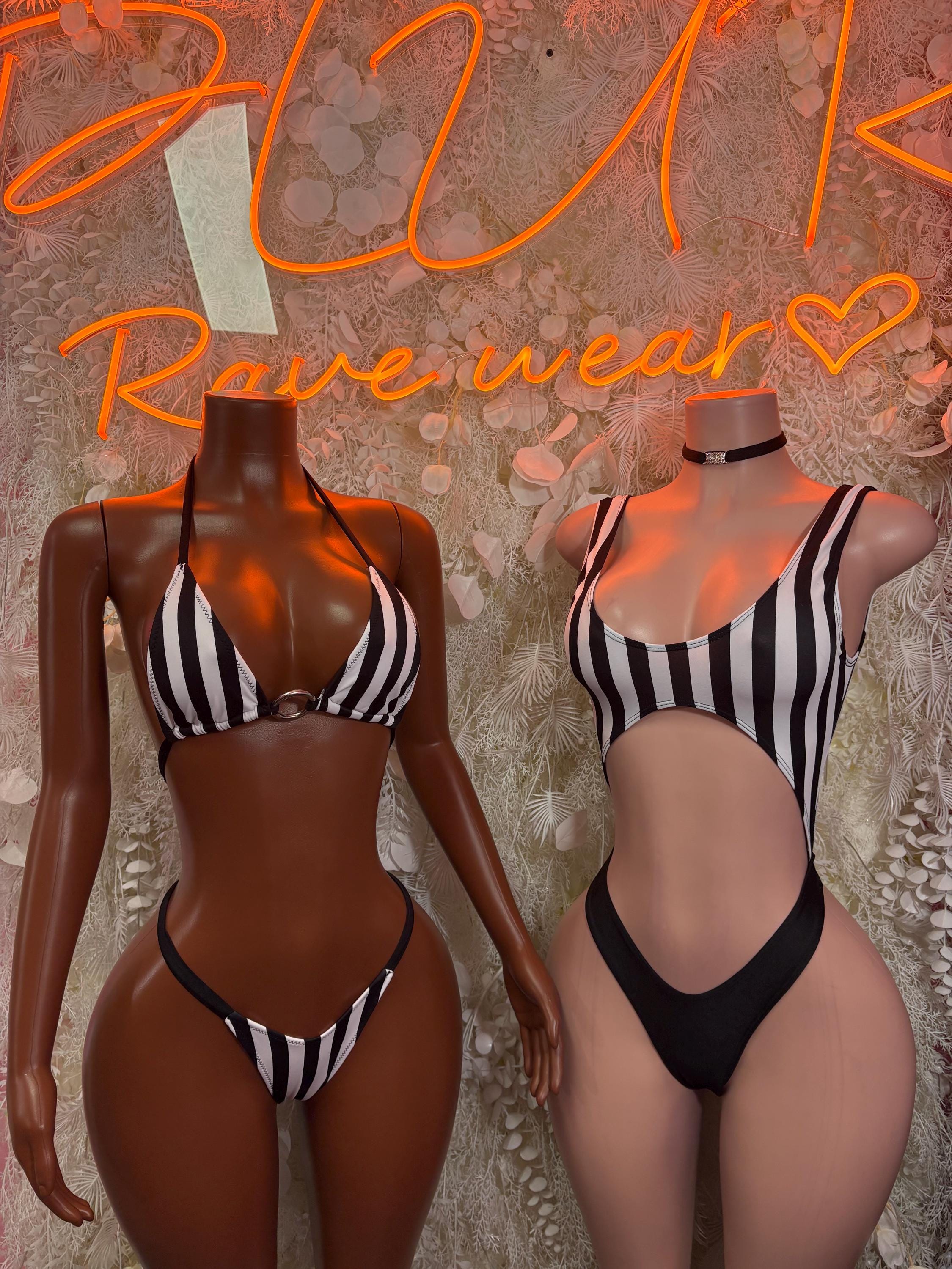 Striped bodysuit, black-and-white vertical stripes with cheeky V front cutout