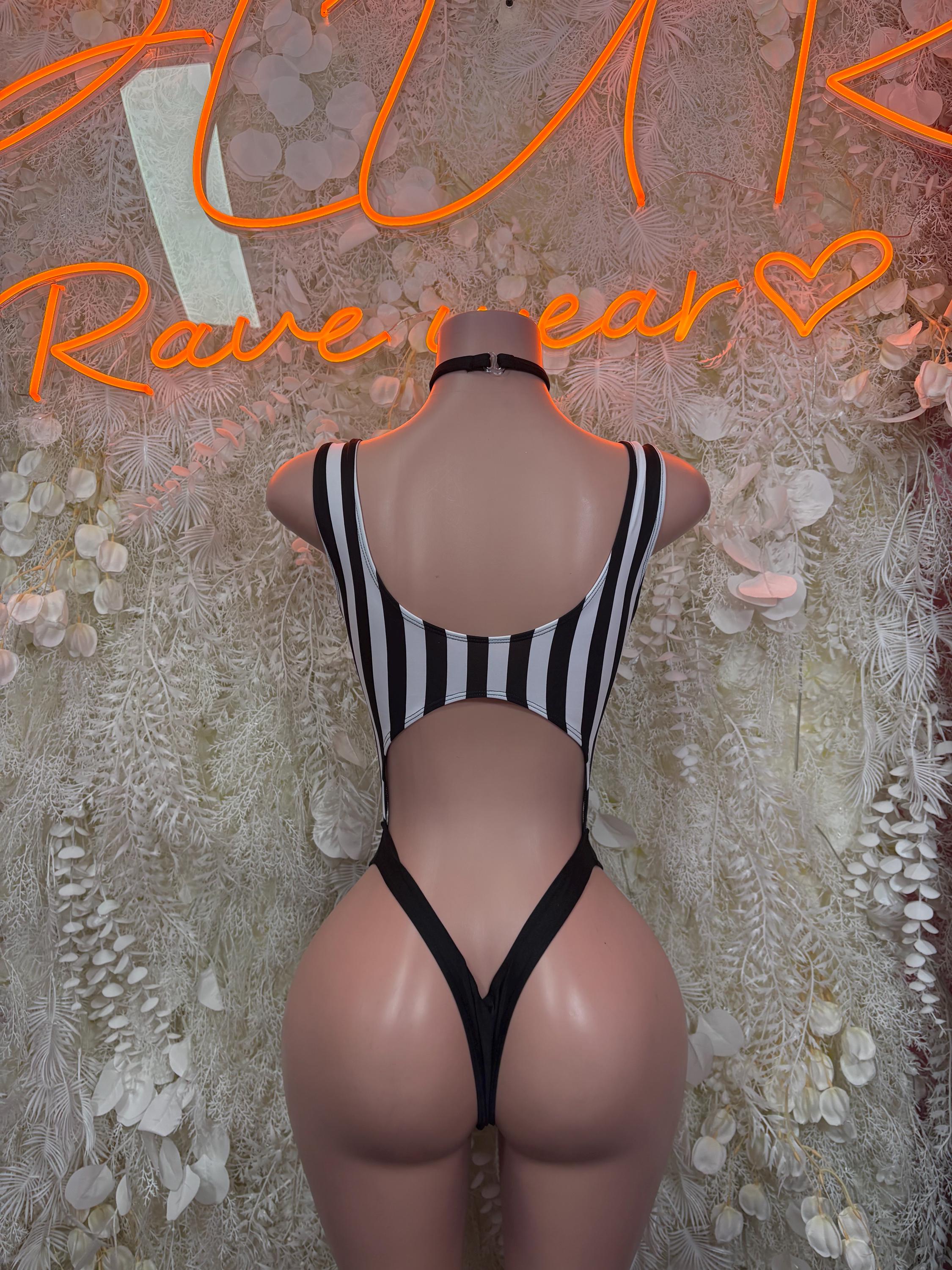 Striped cutout bodysuit, black-and-white vertical stripes with V open back