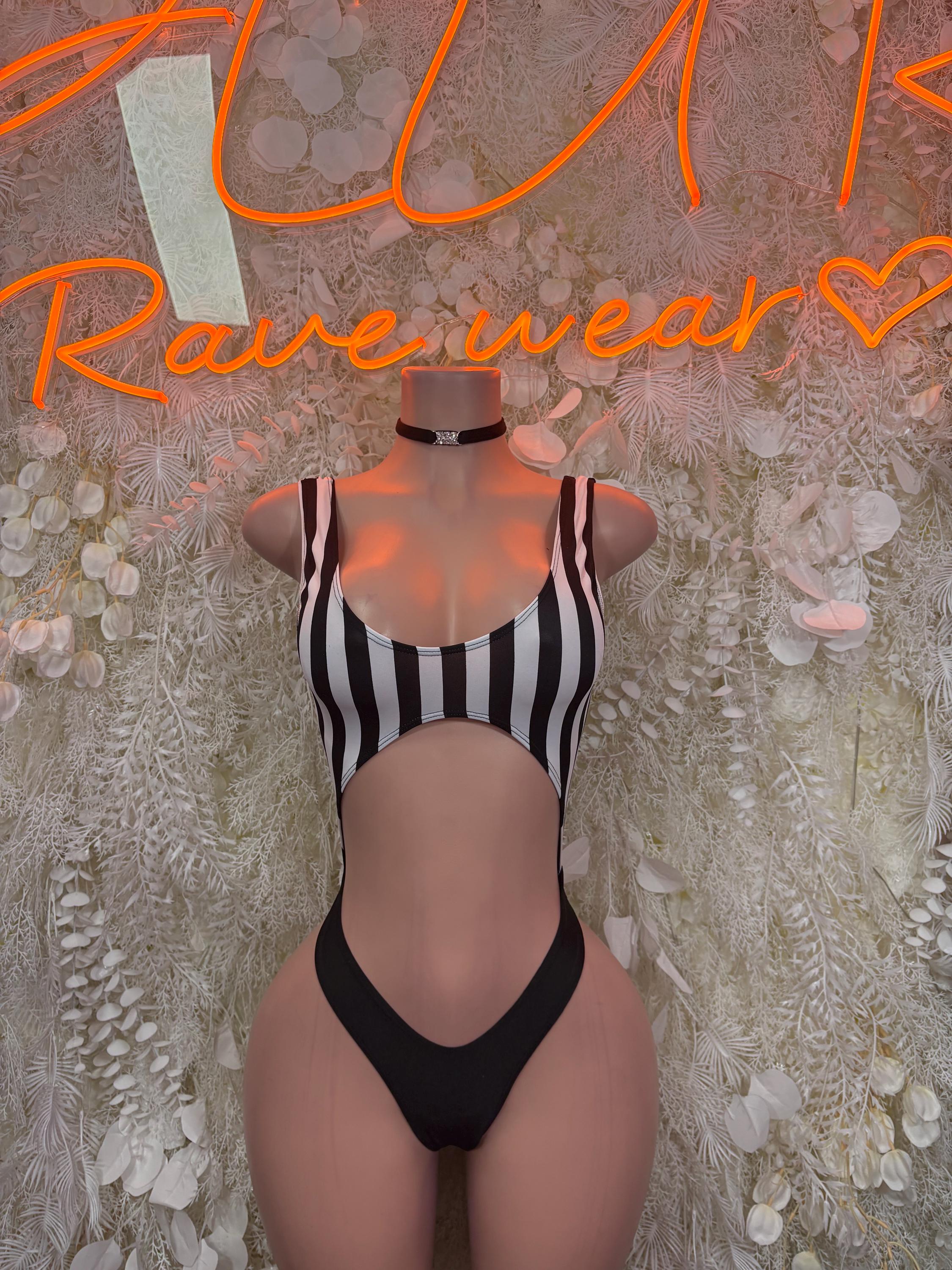 Striped cutout bodysuit, sleeveless black-and-white stripes with front V cutout
