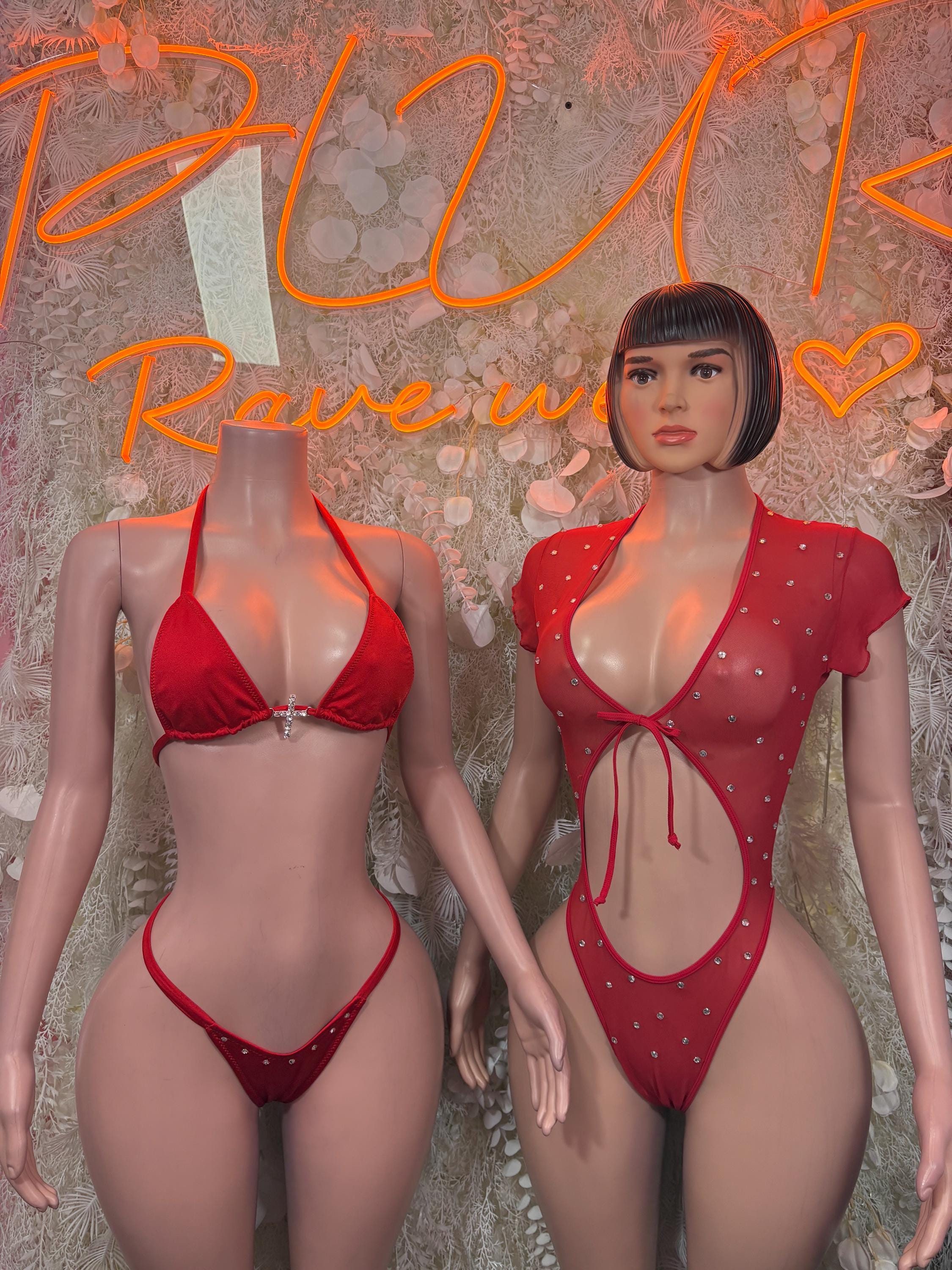 Red rhinestone mesh bodysuit shown front and side, V-neck tie-front and short sleeves