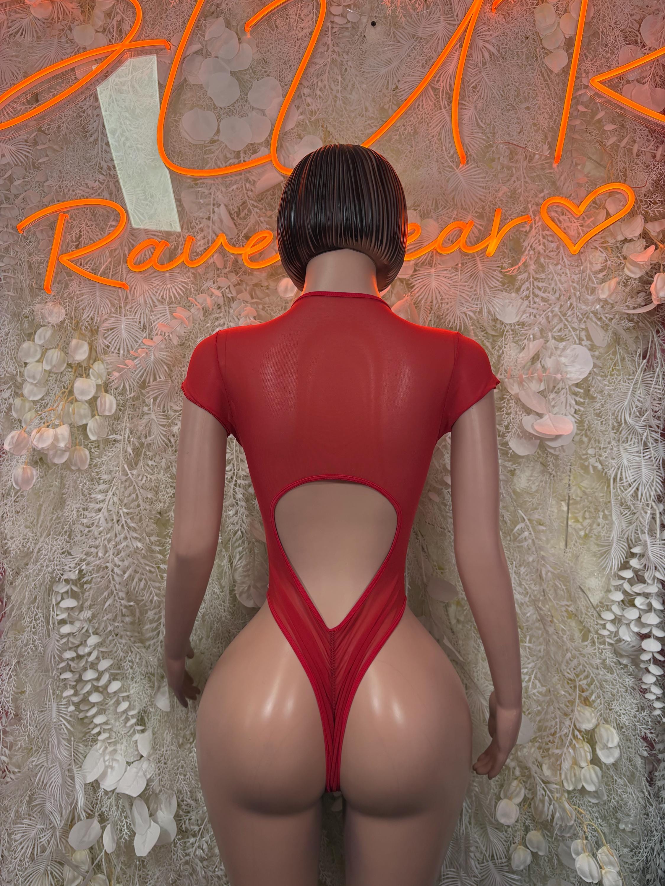 Red rhinestone mesh bodysuit, open back with V-cut, short sleeves