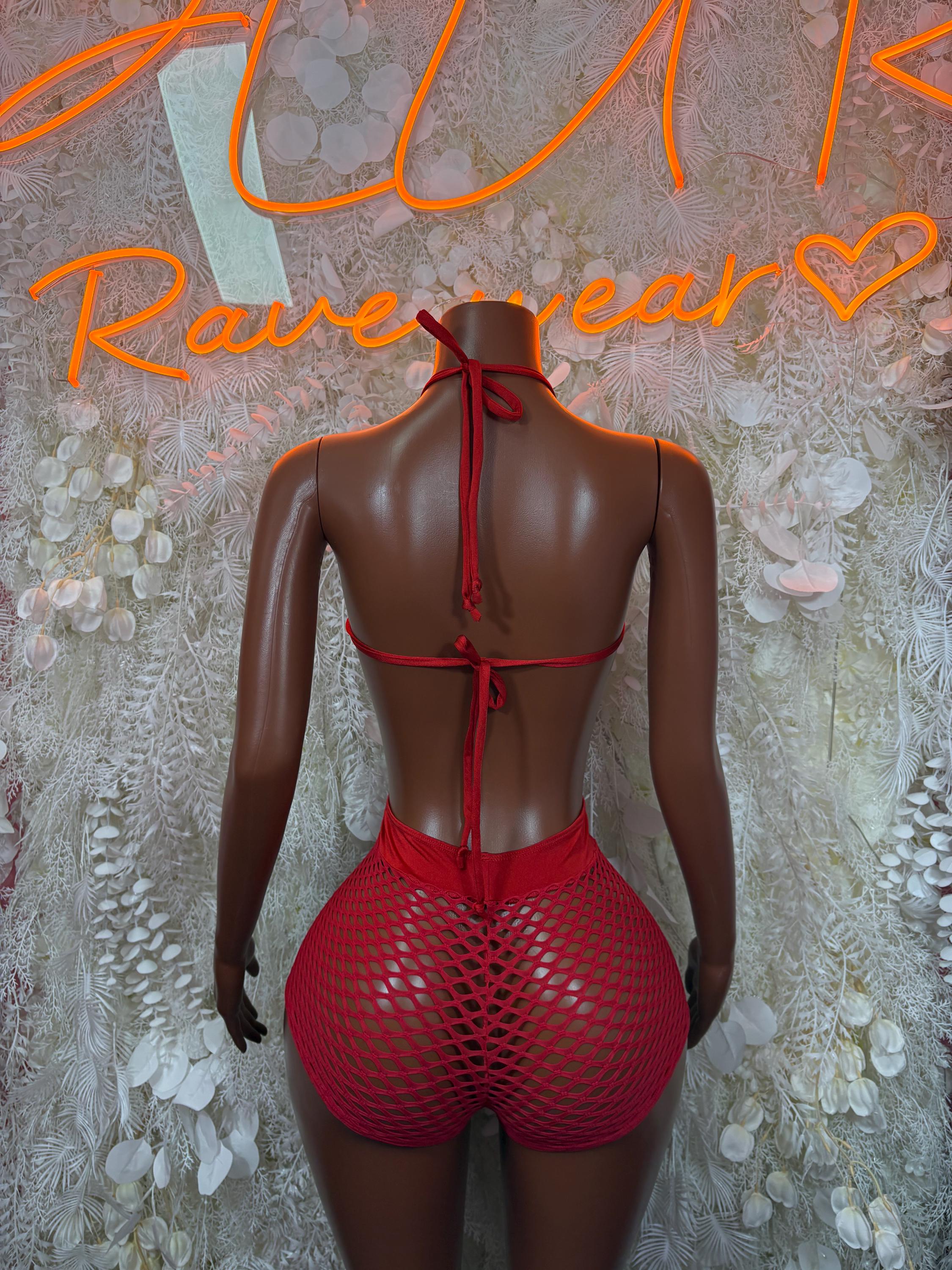 Red fishnet bodysuit back view with open back straps and bow tie