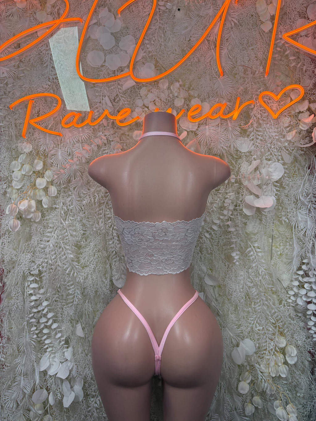 Baby pink lace halter two-piece set, open-back halter and V-back bikini bottoms