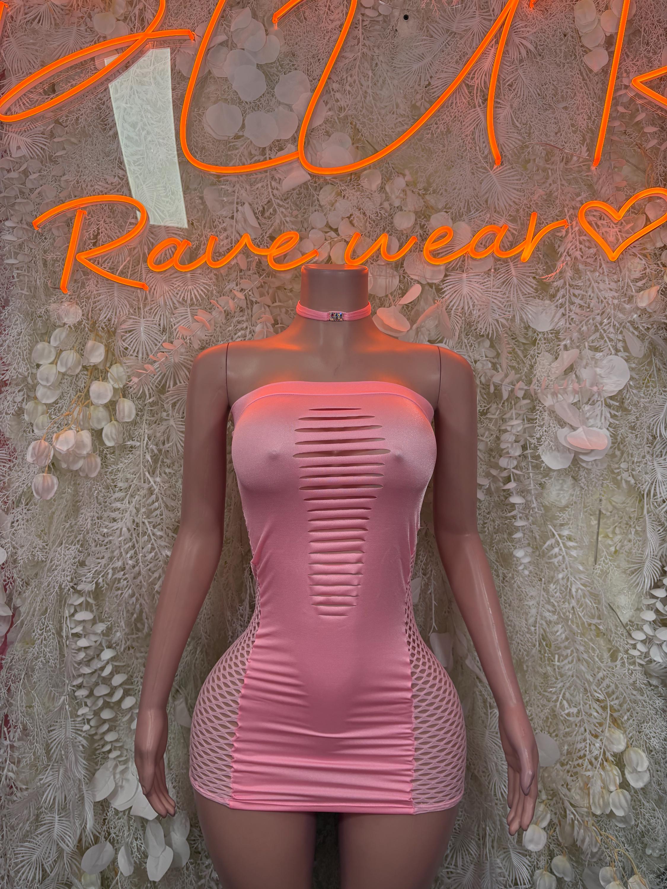 Pink one-piece dress bodysuit with choker, sleeveless sheer mesh sides and vertical cutouts